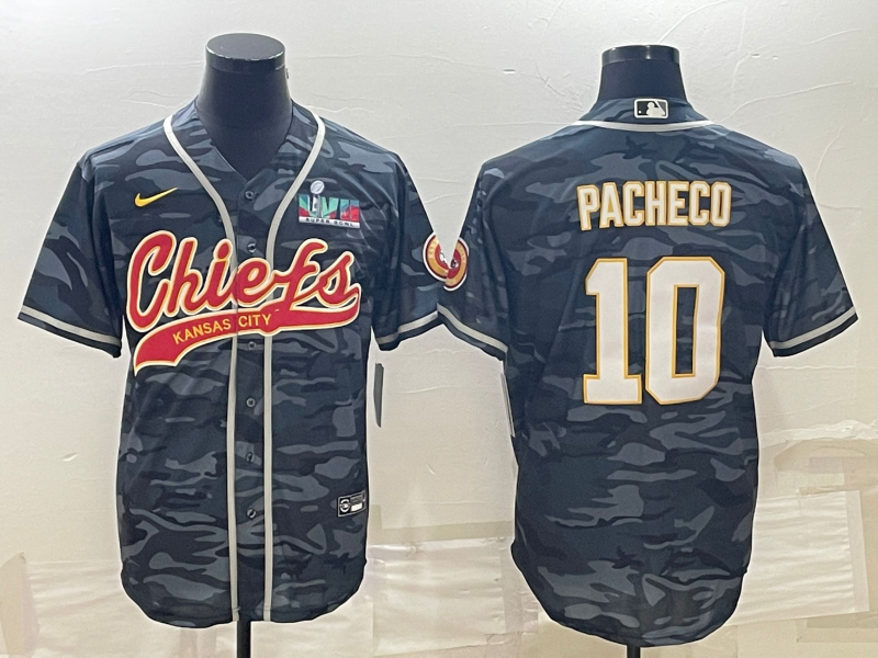 Men's Kansas City Chiefs #10 Isiah Pacheco Grey Camo With Super Bowl LVII Patch Cool Base Stitched Baseball Jersey Men's Kansas City Chiefs #10 Isiah Pacheco Grey Camo With Super Bowl LVII Patch Cool Base Stitched Baseball Jersey